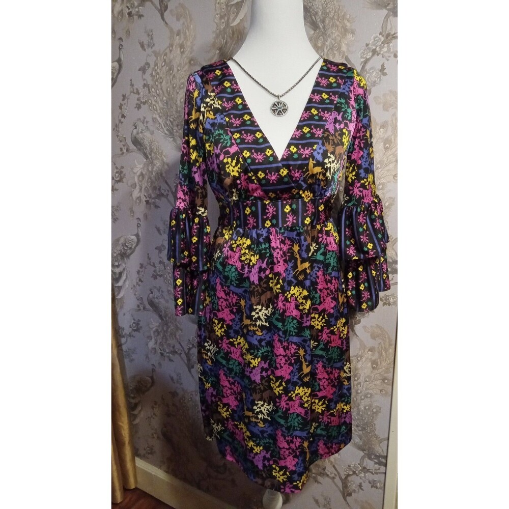 Betsey Johnson Deer Floral Print Ruffle Sleeve Dress Size 4 Black Multicolor